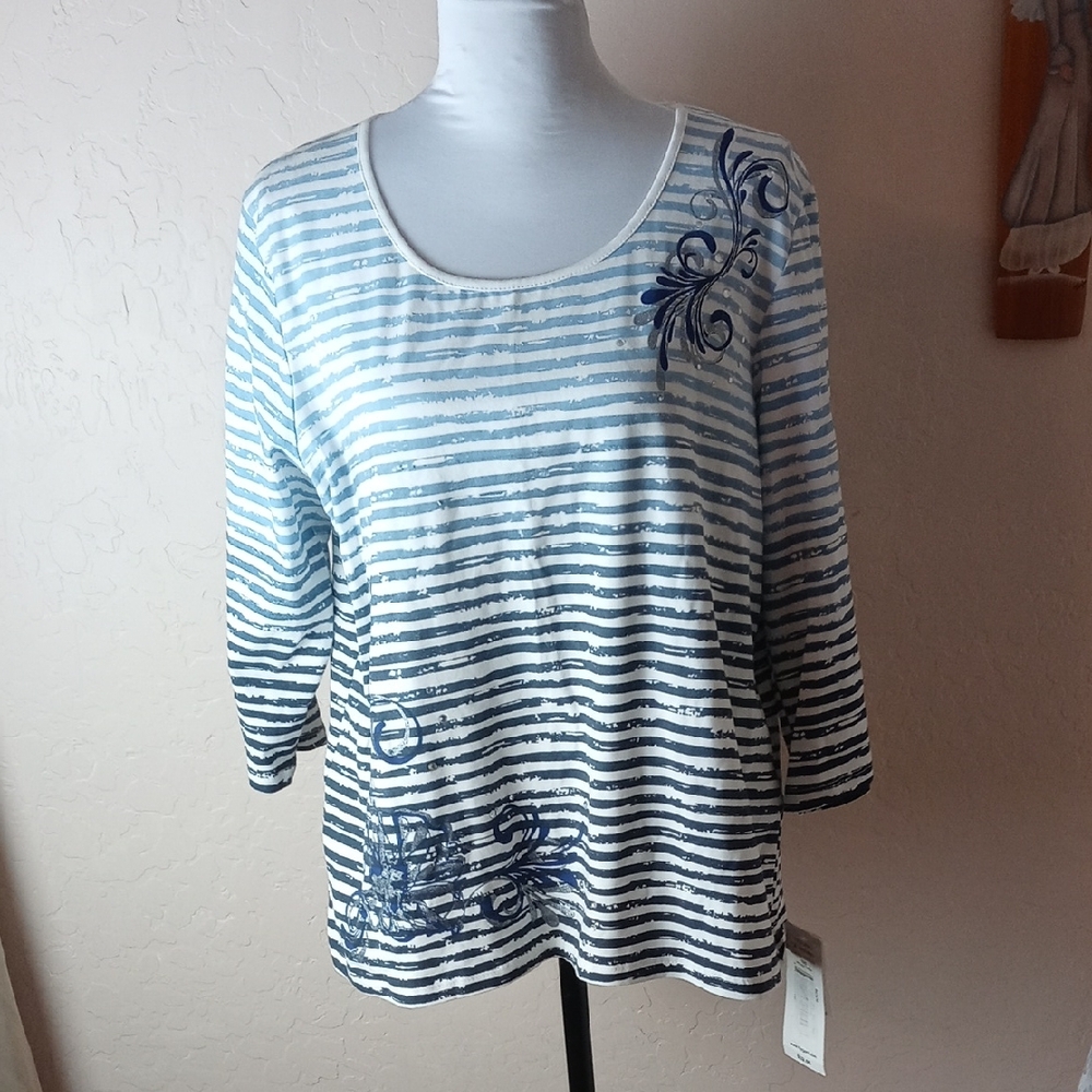 NWT TanJay Navy and White Striped Blouse